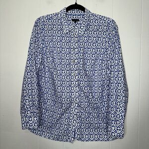 Talbots Women’s Classic Cotton Shirt Geo Print Blue White Size Medium